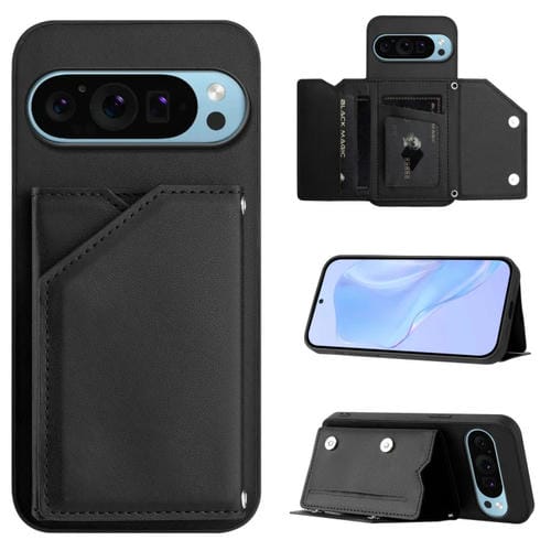 Funda para Teléfono Google Pixel 9 Pro Skin Feel con 4 Ranuras para Tarjetas y Correa para Muñeca (Negra)