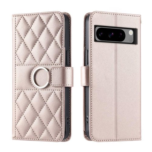 Funda de Cuero con Diseño Rombal y Hebilla de Anillo para Google Pixel 8 Pro (Oro Rosa)