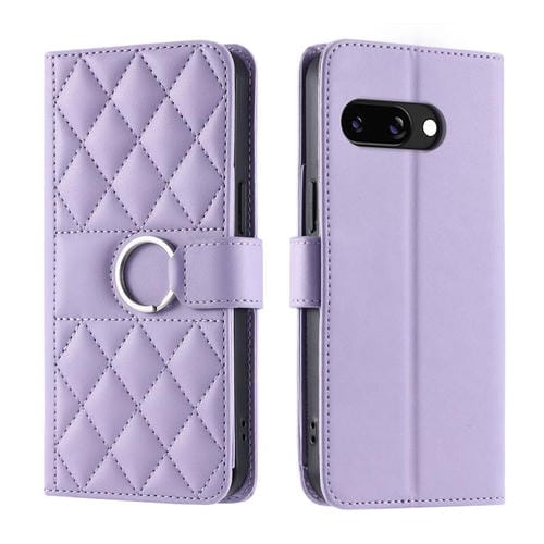 Funda de Cuero para Google Pixel 9A con Diseño Rómbico y Hebilla de Anillo (Morado)