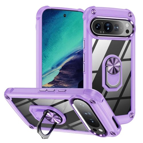 Funda Protectora de Lente TPU + PC para Google Pixel 9 Pro XL con Soporte de Anillo (Morado)