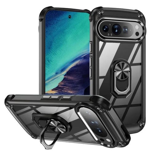 Funda Protectora de Lente TPU + PC para Google Pixel 9 y 9 Pro con Soporte de Anillo (Negro)