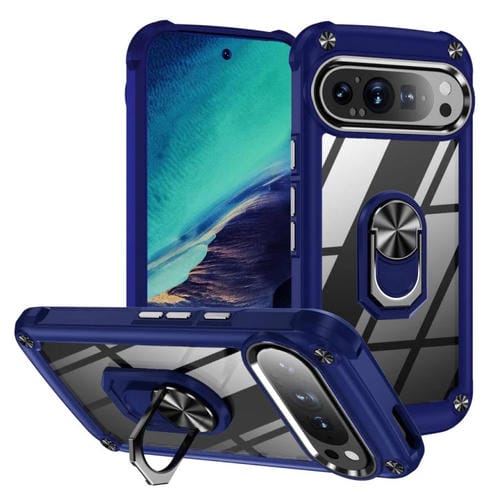 Funda Protectora de Lente TPU y PC para Google Pixel 9 y 9 Pro con Soporte de Anillo (Azul)