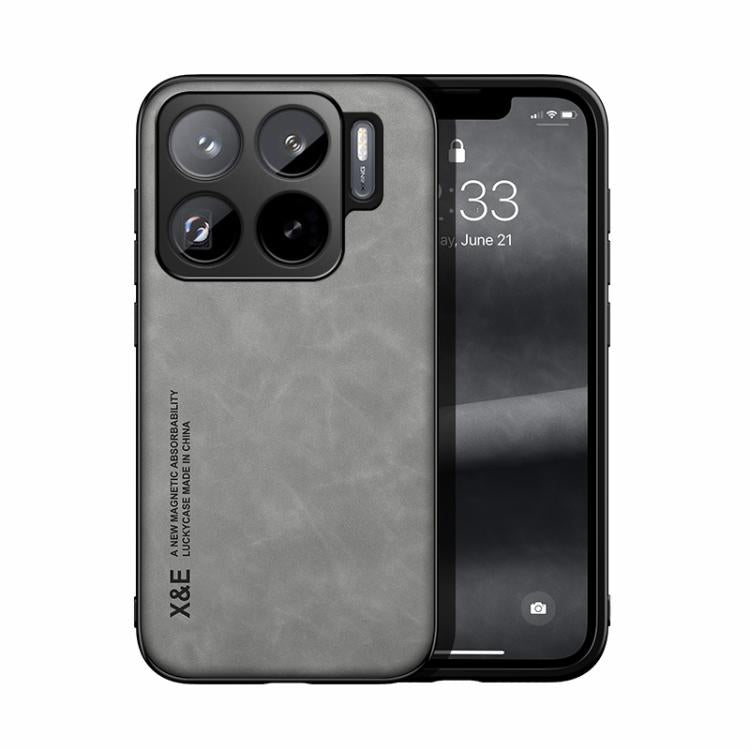 Funda de cuero magnética con textura de piel para Xiaomi 15S Pro (gris claro)