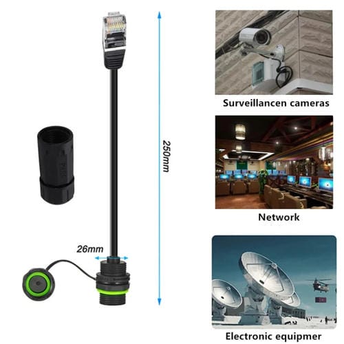 Conector Ethernet RJ45 8P8C Macho a Hembra Cat6 IP68 de 25 cm (Negro)