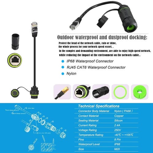 Conector Ethernet RJ45 8P8C Macho a Hembra Cat6 IP68 de 25 cm (Negro)