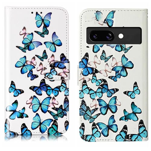 Funda de Cuero para Google Pixel 9A con Patrón Mármol y Mariposas Azules (2023)