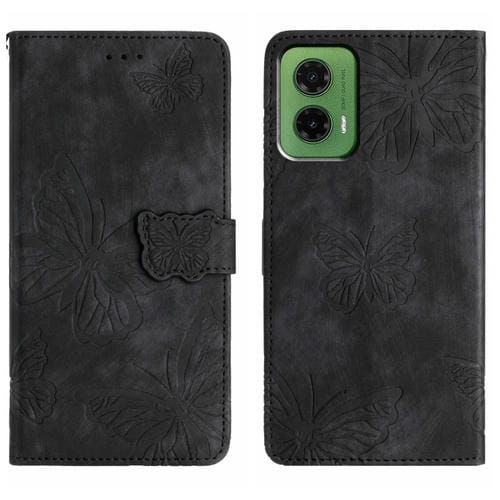 Funda de Piel Motorola Moto G35 con Relieve de Mariposa (Negra)