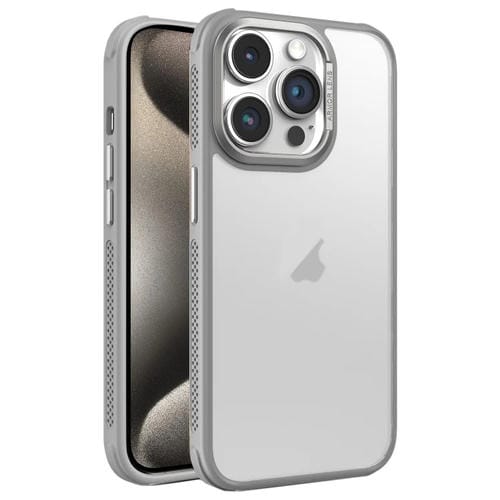 Estuche para Teléfono iPhone 15 Pro Max Marco Lente Metal Esmerilado Sensación Piel Enfriamiento (Gris)