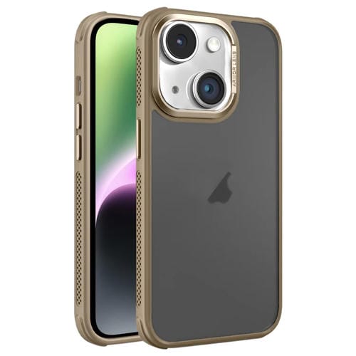 Estuche para Teléfono iPhone 14 Marco Lente Metal Esmerilado Sensación Piel Enfriamiento (Dorado)
