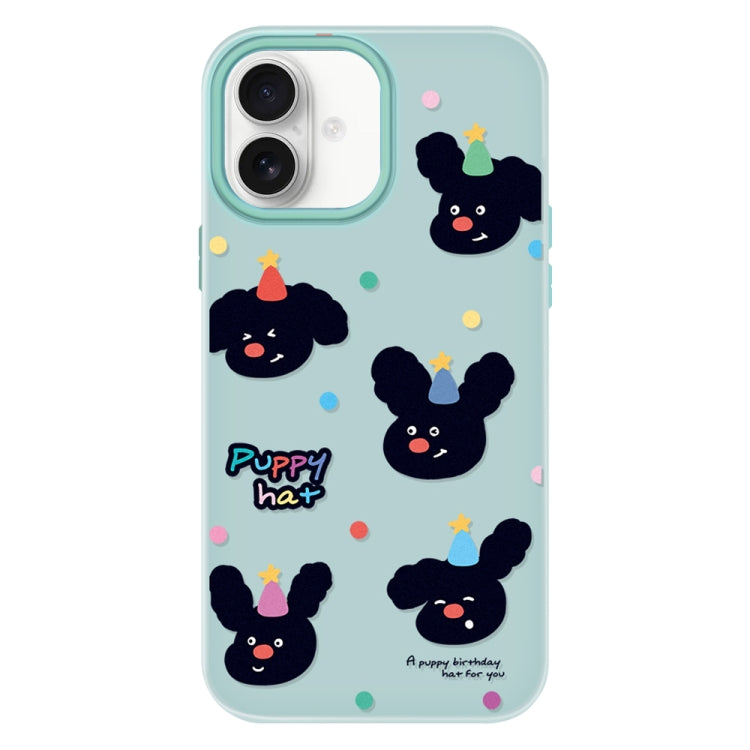 Funda híbrida TPU y Policarbonato para iPhone 16 (Sombrero de Cachorro Verde Claro)