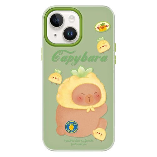 Funda híbrida TPU y PC iPhone 15 Tacto Sedoso y Gelatinoso (Verde Piña y Capibara)