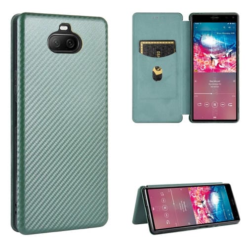 Para Sony Xperia 8 Funda de cuero con tapa magnética horizontal con textura de fibra de carbono TPU + PC + PU con ranura para tarjeta (verde)