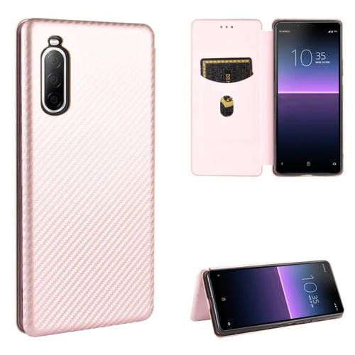 Para Sony Xperia 10 II Funda de cuero con textura de fibra de carbono magnética con tapa horizontal TPU + PC + PU con ranura para tarjeta (rosa)