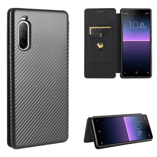 Para Sony Xperia 10 II Funda de cuero con textura de fibra de carbono magnética con tapa horizontal TPU + PC + PU con ranura para tarjeta (negro)