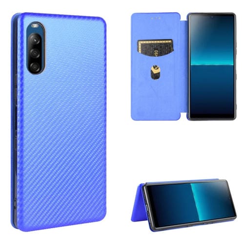 Para Sony Xperia L4 Textura de fibra de carbono Flip horizontal magnético TPU + PC + Funda de cuero PU con ranura para tarjeta (Azul)