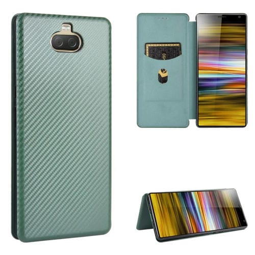 Para Sony Xperia 10 Plus Funda de cuero con tapa magnética horizontal con textura de fibra de carbono TPU + PC + PU con ranura para tarjeta (verde)