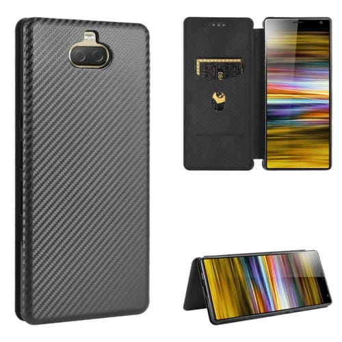 Para Sony Xperia 10 Funda de cuero con tapa magnética horizontal con textura de fibra de carbono TPU + PC + PU con ranura para tarjeta