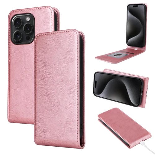 Funda de Cuero para iPhone 15 Pro Tapa Vertical Magnética (Oro Rosa)