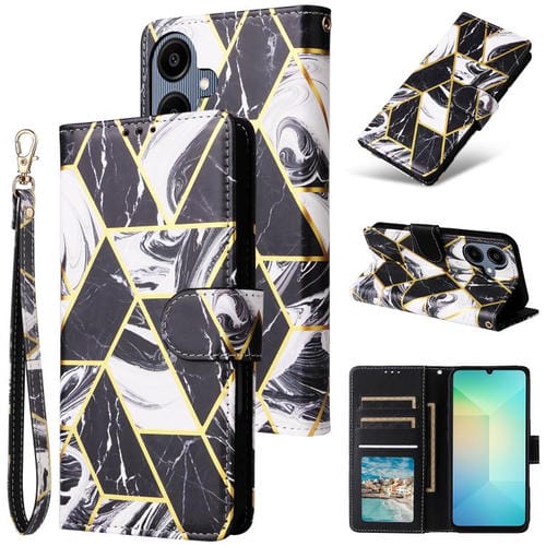 Funda de cuero con costuras en bronce y mármol para Samsung Galaxy A07 4G/5G (negra)