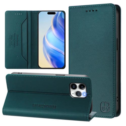 Funda de Cuero Rc01 para iPhone 11 Pro con Doble Pliegue y Succión Magnética (Verde Oscuro)