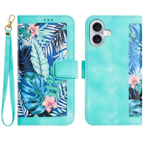 Funda de Cuero para iPhone 16 con Estampado Floral y Cordón (Verde)