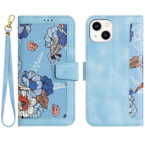 Funda de Piel para iPhone 15 con Estampado Floral y Cordón (Azul Claro)
