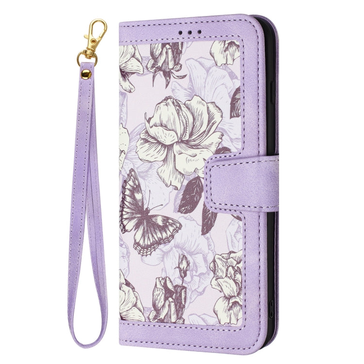 Funda de Cuero para iPhone 12 Pro Max con Estampado Floral y Cordón (Morado Claro)