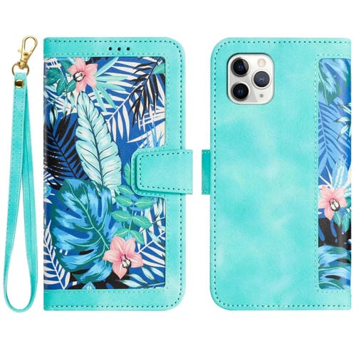 Funda de Cuero para iPhone 11 Pro Max con Estampado Floral y Cordón (Verde)