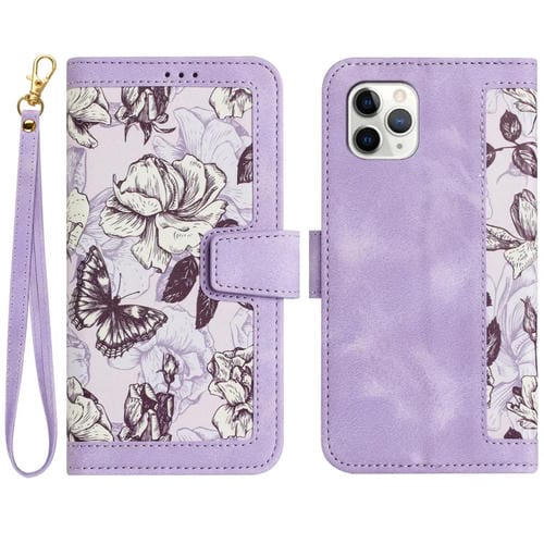 Funda para iPhone 11 Pro Cuero Estampado Floral con Cordón (Morado Claro)