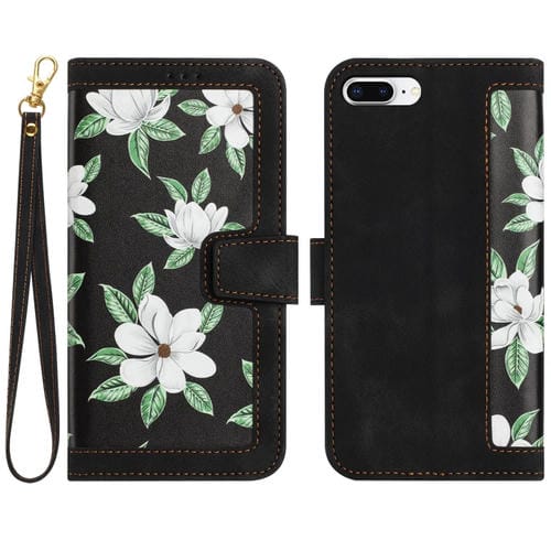 Funda de Cuero para iPhone 8 Plus/7 Plus con Estampado Floral y Cordón (Negro)