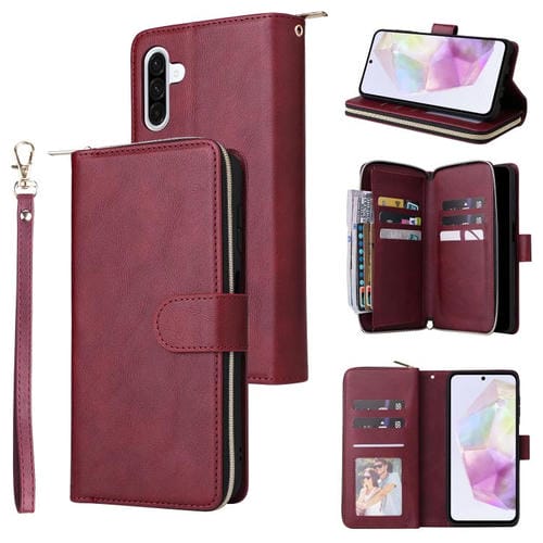 Funda de cuero con cremallera para Samsung Galaxy A17 5G, 9 ranuras para tarjetas, color rojo vino