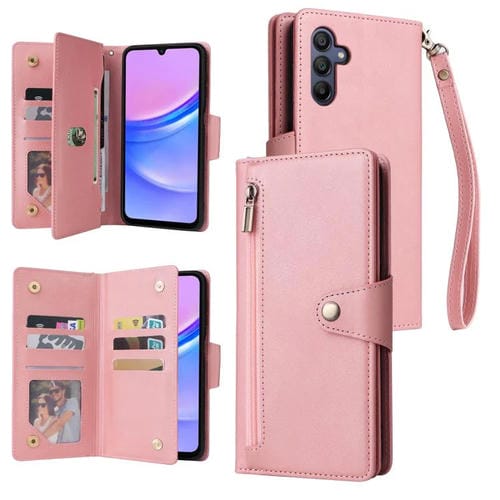 Funda de cuero con tres pliegues y hebilla de remache para Samsung Galaxy A17 5G (oro rosa)