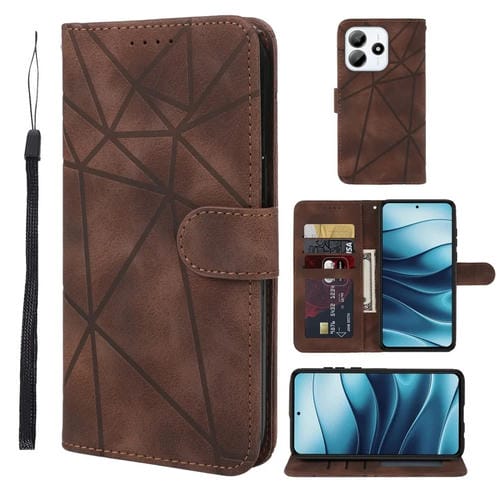 Funda de Cuero con Líneas Geométricas y Tacto de Piel para Redmi Note 14 5G (Marrón)