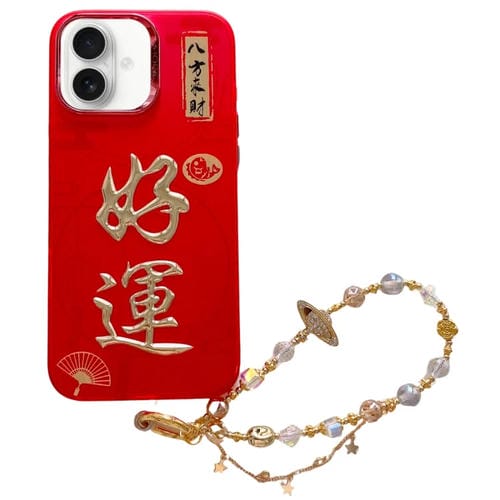 Estuche para Teléfono iPhone 16 Plus Estampado Dorado 3D Imd con Cadena de Cristal (Buena Suerte)