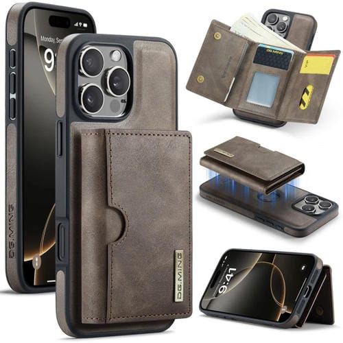 Funda de Cuero Extraíble para iPhone 16 Pro Serie Dg.Ming M6 con Tarjetero Rfid de Tres Pliegues (Café)