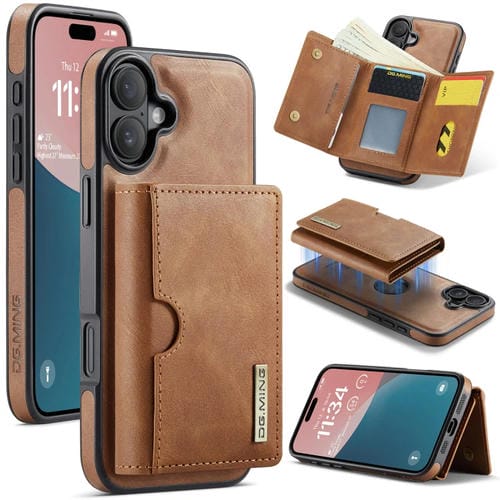 Funda de Cuero Extraíble para iPhone 16 Serie Dg.Ming M6 con Tarjetero Rfid de Tres Pliegues (Marrón)