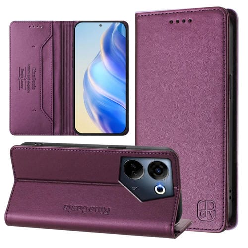 Funda de Cuero Rfid para Tecno Camon 20 4G y 20 Pro 4G Rc01 con Doble Pliegue y Succión Magnética (Violeta)