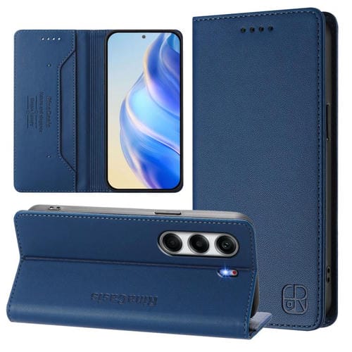 Funda de Cuero Rfid para Tecno Camon 40 4G Rc01 con Doble Pliegue y Succión Magnética (Azul Oscuro)