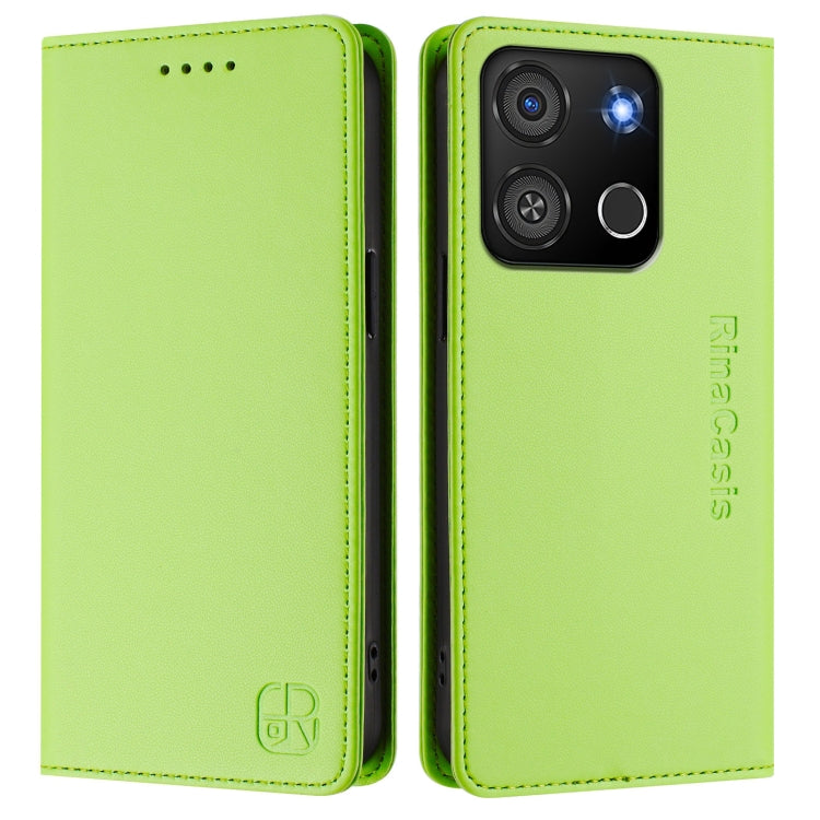 Funda de Cuero Rfid para Teléfono Itel A05S Rc01 con Doble Pliegue y Succión Magnética (Verde Hierba)