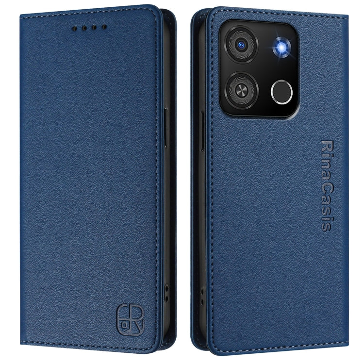 Funda de Cuero Rfid para Teléfono Itel A05S Rc01 con Doble Pliegue y Succión Magnética (Azul Oscuro)