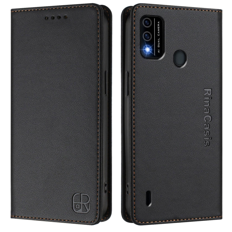 Funda de Cuero Rfid para Teléfono Itel A48 Rc01 con Doble Pliegue y Succión Magnética (Negra)