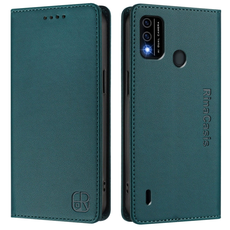 Funda de Cuero Rfid para Teléfono Itel A48 Rc01 con Doble Pliegue y Succión Magnética (Verde Oscuro)