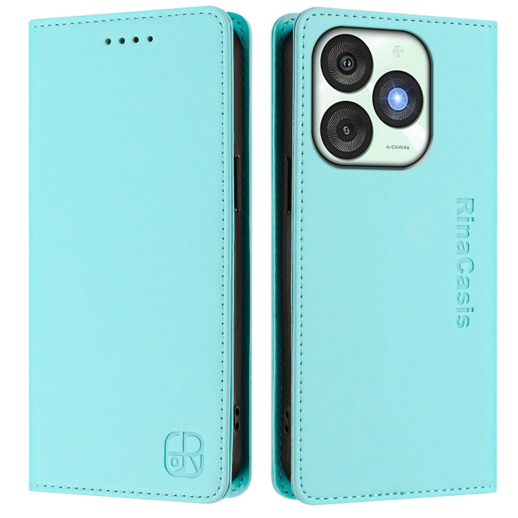 Funda de Cuero Rfid para Teléfono Itel A50 Rc01 con Doble Pliegue y Succión Magnética (Verde Menta)