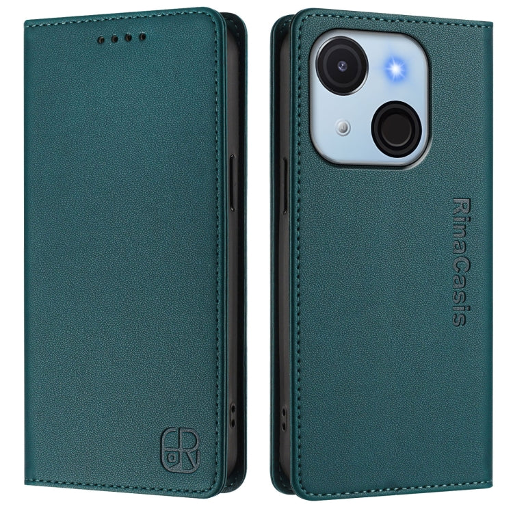 Funda de Cuero Rfid para Teléfono Itel A50C Rc01 con Doble Pliegue y Succión Magnética (Verde Oscuro)