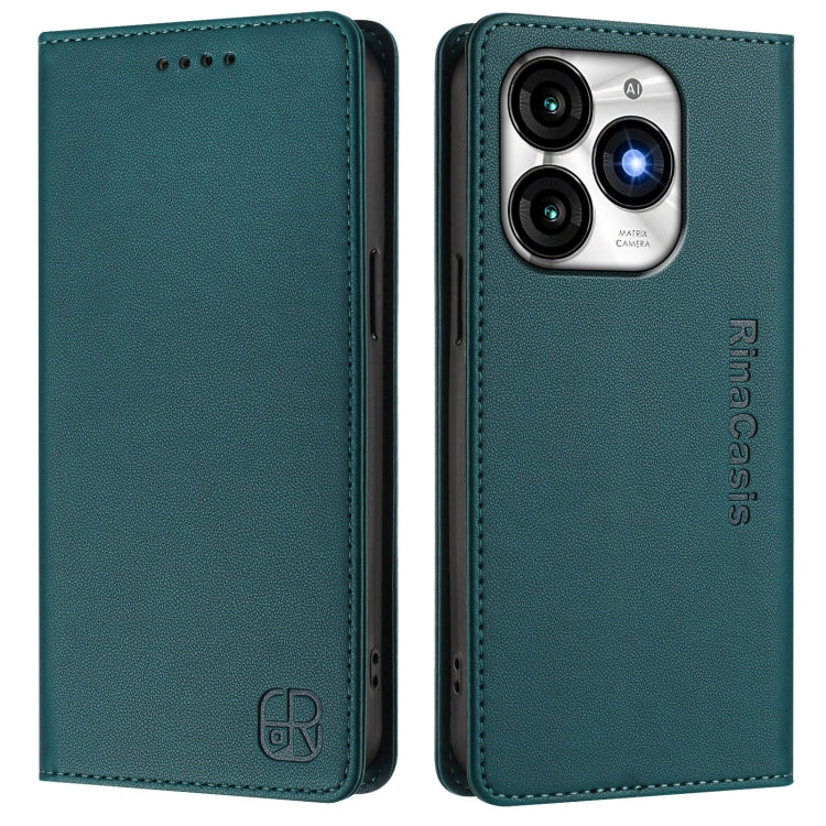 Funda de Cuero Rfid para Teléfono Itel A70 Rc01 con Doble Pliegue y Succión Magnética (Verde Oscuro)
