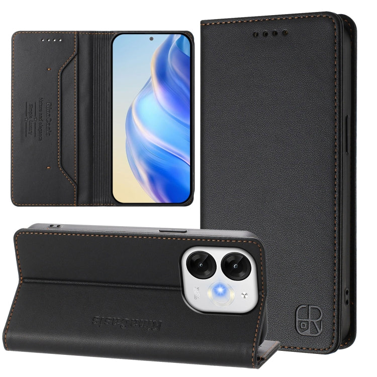 Funda de Cuero Rfid para Teléfono Itel A80 4G Rc01 con Doble Pliegue y Succión Magnética (Negra)