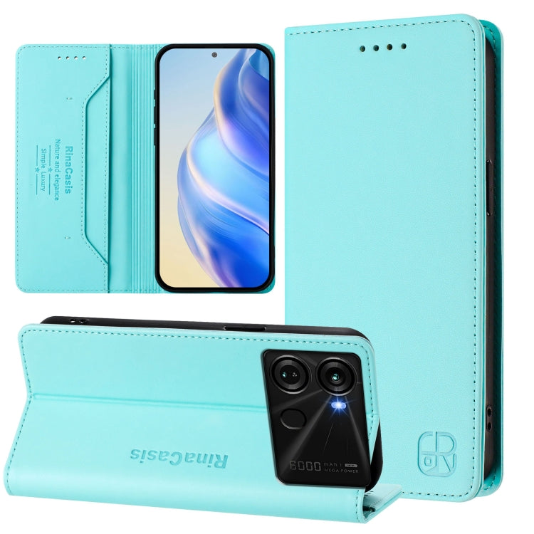 Funda de Cuero Rfid para Teléfono Itel P40 Rc01 con Doble Pliegue y Succión Magnética (Verde Menta)