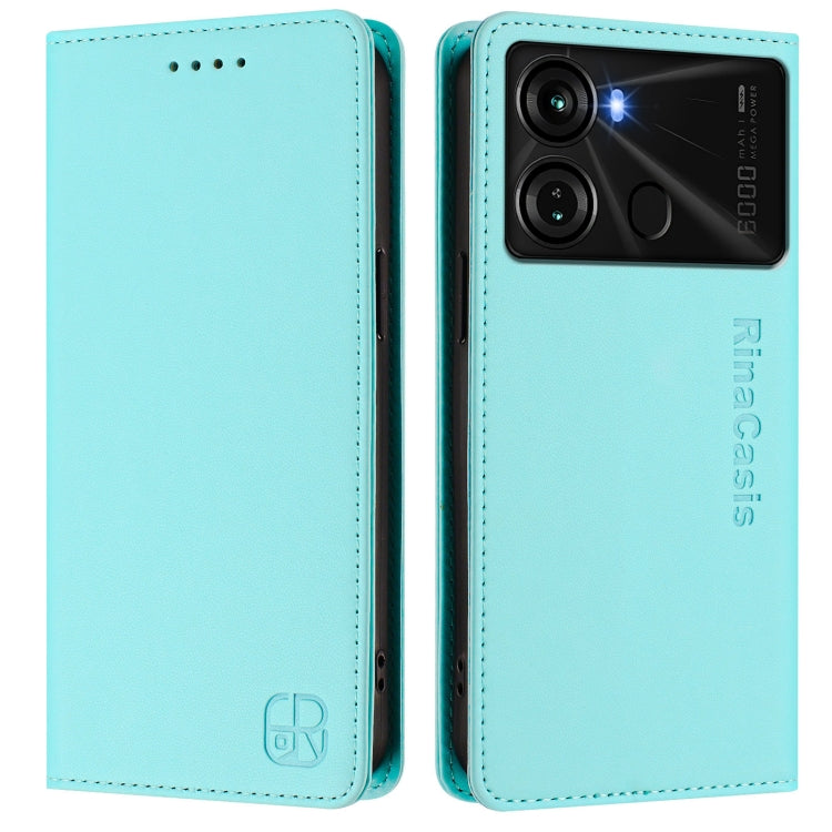 Funda de Cuero Rfid para Teléfono Itel P40 Rc01 con Doble Pliegue y Succión Magnética (Verde Menta)