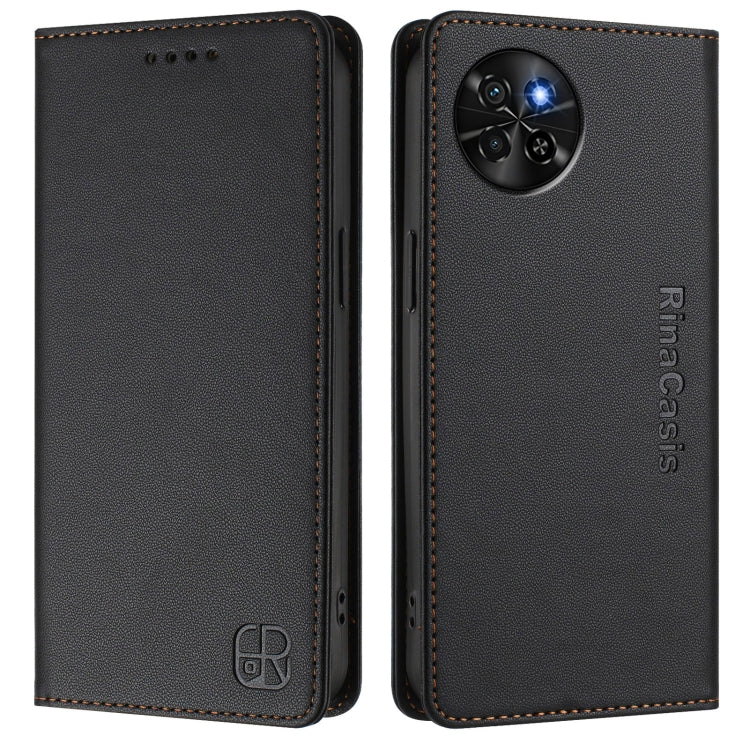 Funda de Cuero Rfid para Teléfono Itel S23/S665L Rc01 con Doble Pliegue y Succión Magnética (Negra)