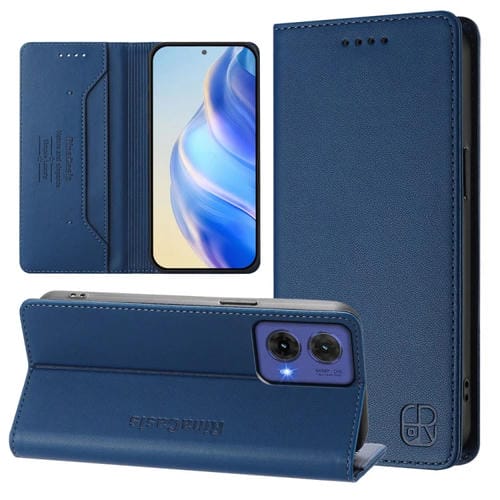 Funda de Cuero para Motorola Moto G85 Rc01 con Doble Pliegue y Succión Magnética Rfid (Azul Oscuro)
